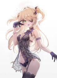 Rule 34 | 1girl, alternate costume, arm garter, babydoll, bare shoulders, blonde hair, blush, breasts, commentary request, cowboy shot, eyepatch, fischl (genshin impact), frilled garter, frilled panties, frills, garter straps, genshin impact, gloves, green eyes, hair ornament, highres, kira (kira78718520), lace, lace-trimmed gloves, lace-trimmed legwear, lace trim, long hair, looking at viewer, navel, open mouth, panties, purple panties, ribbon, see-through, simple background, small breasts, stomach, tearing up, thighhighs, two side up, underwear, white background