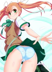 Rule 34 | 1girl, artist request, ass, blush, breasts, brown hair, cameltoe, from behind, from below, greatsword, green eyes, hair ribbon, highres, long hair, looking at viewer, looking down, miniskirt, nanase (under night in-birth), panties, ribbon, school uniform, shiny clothes, shiny skin, skirt, skirt flip, smile, solo, striped clothes, striped panties, sword, twintails, under night in-birth, underwear, upskirt, very long hair, weapon, wind, wind lift