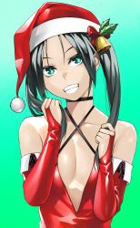 Rule 34 | 1girl, absurdres, asashin (kazami-tomo), bell, breasts, christmas, cleavage, elbow gloves, fingerless gloves, francesca lucchini, gloves, green background, green eyes, green hair, grin, hat, highres, long hair, looking at viewer, no bra, red gloves, santa hat, simple background, small breasts, smile, solo, strike witches, twintails, world witches series