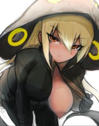 Rule 34 | 1girl, bent over, blonde hair, bodystocking, breasts, collared shirt, dark nipples, detached hood, eyes visible through hair, flashing, hair between eyes, hanging breasts, hood, hood up, jacket, kemono friends, king cobra (kemono friends), long hair, long sleeves, looking at viewer, medium breasts, multicolored eyes, nipples, no bra, one breast out, open clothes, open jacket, open shirt, parted lips, red eyes, shibori kasu, shirt, sidelocks, sketch, skirt, snake tail, solo, tail, tan, tsurime, twintails, very long hair, yellow eyes