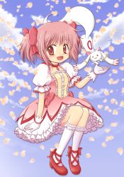 Rule 34 | 10s, 1girl, :3, absurdres, akihara ryo, akihara ryou, animal ears, blush, bow, bubble skirt, choker, cloud, creature, dress, full body, gloves, hair ribbon, happy, highres, kaname madoka, kneehighs, kyubey, magical girl, mahou shoujo madoka magica, mahou shoujo madoka magica (anime), petals, pink hair, pink skirt, puffy sleeves, red eyes, ribbon, shoes, short hair, short twintails, sidelocks, skirt, sky, socks, tail, twintails, white socks
