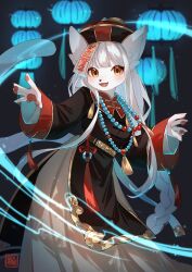 Rule 34 | 1girl, :d, animal ears, black dress, blush, braid, brown eyes, cat ears, cat girl, cat tail, china dress, chinese clothes, dress, female focus, furry, furry female, glowing, hat, highres, jewelry, jiangshi costume, kawarage yatano, lantern, leaning to the side, long hair, long skirt, necklace, open mouth, original, pawpads, qingdai guanmao, single braid, skirt, skirt under dress, smile, solo, tail, very long hair, white hair, white skirt