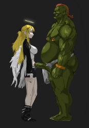 Rule 34 | 1boy, 1girl, angel, angel wings, ankle boots, barefoot, black footwear, black shorts, blonde hair, boots, breasts, closed mouth, colored skin, cropped shirt, cum, cum string, erection, eye contact, fat, fat man, ginzou, green skin, grey background, grin, hair ornament, hairclip, halo, hetero, highres, instant loss, interspecies, large breasts, long hair, looking at another, navel, nipple piercing, orc, original, penis, penis on stomach, piercing, profile, red eyes, sanpaku, shirt, short shorts, shorts, simple background, smile, testicles, uncensored, white shirt, white wings, wings