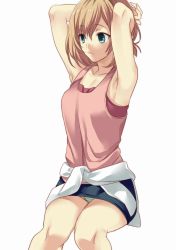 Rule 34 | 10s, 1girl, armpits, arms behind head, brown hair, clothes around waist, green eyes, knees, looking to the side, miyamori aoi, panties, pantyshot, shirobako, short hair, sitting, skirt, solo, striped clothes, striped panties, tank top, taxxxchi, underwear