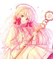 Rule 34 | 1girl, bad id, bad twitter id, bow, cross, cross necklace, crying, dress, hair bow, halo, head tilt, hissflower, jewelry, looking at viewer, necklace, pale skin, pink eyes, pink hair, platinum (pocket mirror), pocket mirror, spoilers, star (symbol), tearing up, wand, white background