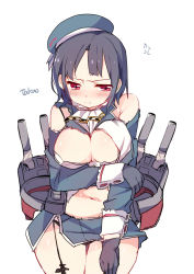 Rule 34 | 10s, 1girl, black gloves, black hair, blush, breasts, cleavage, garter straps, gloves, hat, kantai collection, large breasts, looking at viewer, personification, red eyes, short hair, simple background, solo, takao (kancolle), taneda yuuta, torn clothes, white background