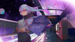 Rule 34 | 1girl, absurdres, bandaid, bandaid on face, black pants, blue hair, chinese commentary, closed mouth, commentary request, grey shirt, hand on own hip, highres, horns, jacket, jacket on shoulders, long hair, long sleeves, looking at viewer, midriff, oni horns, original, outdoors, pants, pink-tinted eyewear, pink-tinted glasses, planet, purple eyes, purple jacket, railroad tracks, science fiction, shirt, smile, solo, space, sunglasses, tinted eyewear, train station platform, tsuioku (908026270), vending machine