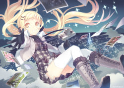Rule 34 | 1girl, blonde hair, boots, camera, cross-laced footwear, gloves, h2so4, lace-up boots, original, photo (object), solo, thighhighs, twintails, white thighhighs, yellow eyes