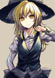 Rule 34 | 1girl, akanagi youto, blonde hair, bow, braid, collared shirt, flat chest, grey background, hair bow, hat, hat bow, juliet sleeves, kirisame marisa, long hair, long sleeves, looking at viewer, puffy sleeves, shirt, side braid, smile, solo, touhou, vest, witch hat, yellow eyes