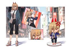 Rule 34 | !, !!, !?, 1girl, anger vein, black necktie, black pants, blonde hair, blue jacket, breasts, chainsaw man, character doll, commentary, cross-shaped pupils, erasethismail, hair between eyes, highres, hood, hooded jacket, jacket, medium breasts, necktie, nendoroid, objectification, orange eyes, pants, pants rolled up, power (chainsaw man), red hair, sharp teeth, shirt partially tucked in, shoes, sneakers, symbol-shaped pupils, teeth, transformation