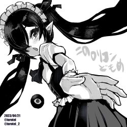 Rule 34 | 1girl, alternate costume, artist name, backbeako (torotei), backbeard, blush, commentary request, dated, dress, enmaided, gegege no kitarou, gloves, hair over one eye, hair ribbon, kono lolicon domome, long hair, looking back, maid, maid headdress, monochrome, open hand, open mouth, original, pointy ears, puffy short sleeves, puffy sleeves, ribbon, shirt, short sleeves, simple background, solo, torotei, translated, twintails, twitter username, upper body, very long hair, white background