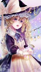 Rule 34 | + +, 1girl, aged down, apron, bad id, bad pixiv id, black dress, blonde hair, bow, bracelet, braid, colored eyelashes, cowboy shot, dress, earrings, flat chest, freckles, frills, gradient background, hair between eyes, hat, hat bow, head tilt, highres, holding, jar, jewelry, kirisame marisa, lace-trimmed hat, lace trim, light bulb, lips, long hair, looking at viewer, mokoiscat, open mouth, paw print, purple background, side braid, signature, sleeves past elbows, solo, star (symbol), star earrings, star print, test tube, touhou, wavy hair, white bow, witch hat