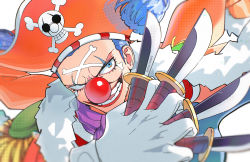 Rule 34 | 1boy, absurdres, between fingers, blue eyes, blue hair, buggy the clown, clown nose, facepaint, gloves, hat, highres, holding, jolly roger, makeup, mygiorni, one piece, parted lips, pirate hat, teeth, twitter username, weapon, white gloves