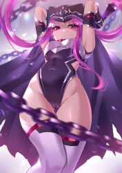 Rule 34 | 1girl, absurdres, armor, armpits, arms behind head, arms up, black cape, black capelet, black cloak, black leotard, breastplate, breasts, cape, capelet, chain, cloak, closed mouth, collar, fate/grand order, fate (series), heiyan shenshi, highleg, highleg leotard, highres, hip vent, hood, hood up, hooded cloak, leotard, long braid, long hair, looking at viewer, medusa (fate), medusa (lancer) (fate), medusa (rider) (fate), parted bangs, red collar, rider, scythe, sidelocks, small breasts, solo, thighhighs, thighs, very long hair, white thighhighs