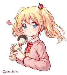 Rule 34 | 1girl, alice cartelet, blonde hair, blue eyes, blush, bow, bowtie, cardigan, closed mouth, commentary request, cropped torso, floating hair, hair ornament, hair stick, heart, holding, kin-iro mosaic, kokeshi, long hair, long sleeves, looking at viewer, pink bow, pink bowtie, pink cardigan, school uniform, sketch, smile, solo, striped, striped bow, twintails, twitter username, upper body, usagi koushaku, white background