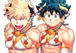Rule 34 | 2boys, abs, alternate costume, animal ears, bakugou katsuki, bare shoulders, blonde hair, blush, boku no hero academia, bra, chinese zodiac, cleavage cutout, close-up, clothing cutout, cow boy, cow ears, cow horns, crossdressing, detached sleeves, green eyes, green hair, happy new year, highres, horns, male focus, midoriya izuku, multiple boys, new year, pectoral cleavage, pectorals, short hair, spiked hair, stomach, toned, toned male, tongue, tongue out, underwear, white bra, yazaki (yazakc), year of the ox