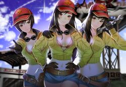 Rule 34 | 3girls, breasts, cindy aurum, cleavage, fhilippedu, final fantasy, final fantasy vii, final fantasy vii remake, hat, highres, kyrie canaan, large breasts, looking at viewer, multiple girls, navel, red hat, square enix, tifa lockhart, yuffie kisaragi