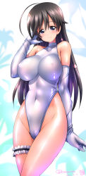 Rule 34 | 1girl, ahoge, bare shoulders, black eyes, black hair, blue background, blush, breasts, bridal garter, cameltoe, collarbone, covered erect nipples, covered navel, dated, elbow gloves, frills, girls und panzer, gloves, highleg, highleg leotard, highres, impossible clothes, impossible leotard, isuzu hana, kamogawa tanuki, large breasts, leotard, long hair, looking at viewer, shiny clothes, signature, smile, solo, twitter username, white gloves, white leotard