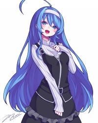 Rule 34 | 1girl, :d, ahoge, blue eyes, blue hair, blush, commentary request, dated, hairband, hand on own chest, highres, huge ahoge, long hair, long sleeves, looking at viewer, open mouth, orie ballardiae harada, scarlet zel, shirt, signature, simple background, smile, solo, striped clothes, striped shirt, under night in-birth, vertical-striped clothes, vertical-striped shirt, white background, white hairband, white shirt