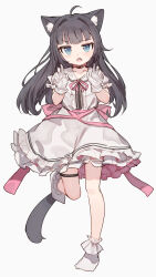 Rule 34 | 1girl, animal ears, black hair, blue eyes, cat ears, cat girl, cat tail, claw pose, collar, dress, fang, full body, gloves, highres, long hair, looking at viewer, open mouth, original, puffy short sleeves, puffy sleeves, shone, short sleeves, sketch, tail, white background, white dress, white gloves