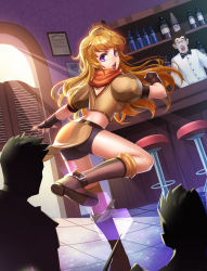 Rule 34 | 123cuiyang, 1girl, bar stool, bike shorts, blonde hair, boots, bottle, brown footwear, crying, highres, kicking, knee boots, multiple boys, purple eyes, rwby, solo focus, standing, standing on one leg, stool, yang xiao long