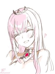 Rule 34 | 1girl, bare shoulders, blunt bangs, blush, closed eyes, commentary, eyelashes, hair between eyes, heart, highres, hololive, hololive english, kamiya maneki, long hair, mori calliope, mori calliope (1st costume), pink hair, red brooch, sidelocks, signature, sketch, smile, symbol-only commentary, tiara, twitter username, virtual youtuber