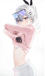 Rule 34 | 1girl, absurdres, alternate costume, bandaid, black gloves, closed mouth, clothes lift, crossed bangs, drill hair, drill ponytail, ear piercing, gloves, goggles, goggles on head, grey eyes, grey hair, hair ornament, hairclip, hidulume, highres, honkai: star rail, honkai (series), long sleeves, looking at viewer, midriff, piercing, ponytail, purple-tinted eyewear, shirt, shirt lift, silver wolf (honkai: star rail), simple background, skirt, solo, tinted eyewear, undressing, white background, white shirt, white skirt