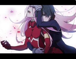 Rule 34 | 10s, 1boy, 1girl, black hair, blue eyes, couple, darling in the franxx, fangs, gloves, hand on another&#039;s head, highres, hiro (darling in the franxx), hug, hug from behind, leje39, letterboxed, long hair, pilot suit, pink hair, short hair, white gloves, zero two (darling in the franxx)