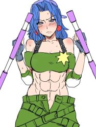 Rule 34 | 1girl, abs, bandana, bare shoulders, belt, blue hair, blush, breasts, breasts out, dual wielding, elbow pads, fingerless gloves, gloves, holding, kaneda (aqid), long hair, midriff, multiple belts, o-ring, o-ring top, open fly, purple eyes, solo, tonfa, toushinden, tracy (toushinden), unzipped, weapon