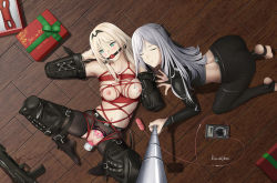 Rule 34 | 2girls, absurdres, ak-12 (girls&#039; frontline), all fours, an-94, an-94 (girls&#039; frontline), aqua eyes, assault rifle, ball gag, bdsm, bitchsuit, black legwear, blonde hair, blush, bound, bound arms, bound legs, christmas, clitoris, closed eyes, collarbone, commentary request, crop top, dildo, female focus, from above, gag, girls&#039; frontline, gun, highres, long hair, looking at viewer, lying, multiple girls, navel, nipples, object insertion, on back, on floor, pantyhose, pubic tattoo, pussy, rifle, rope, roundschen, selfie, selfie stick, sex toy, shibari, silver hair, stirrup legwear, tattoo, toeless legwear, torn clothes, torn legwear, vaginal, vaginal object insertion, vibrator, weapon, yuri