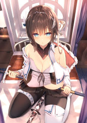 Rule 34 | 1girl, asymmetrical footwear, bare shoulders, bed, black skirt, blue eyes, blush, breasts, brown hair, chalice, chest of drawers, cleavage, commentary request, cup, curtains, detached collar, from above, hair ornament, highres, holding, holding sword, holding weapon, huge breasts, indoors, jewelry, unworn jewelry, kneeling, knight, looking at viewer, miniskirt, multiple swords, necklace, unworn necklace, off shoulder, original, pillow, pleated skirt, sheath, single thighhigh, sitting, skirt, solo, sune (mugendai), sword, thighhighs, underboob, uneven footwear, weapon, window