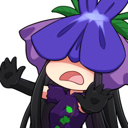 Rule 34 | 1girl, black gloves, black hair, breasts, china dress, chinese clothes, commentary, dress, english commentary, facing viewer, gloves, long hair, lowres, mask, open mouth, purple dress, rakkidei, short sleeves, small breasts, solo, touhou, unfinished dream of all living ghost, upper body, white background, yomotsu hisami