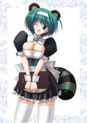 Rule 34 | 00s, 1girl, animal ears, bell, blue eyes, border, breasts, breasts squeezed together, cuffs, green hair, kishi nisen, large breasts, maid, one eye closed, raccoon ears, short hair, solo, tail, tanuki, thighhighs, to heart (series), to heart 2, waitress, wink, wrist cuffs, yoshioka chie