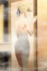 Rule 34 | 00s, 1girl, ahoge, artoria pendragon (fate), ass, blonde hair, completely nude, fate/stay night, fate (series), green eyes, indoors, looking back, nude, saber (fate), screencap, solo, stitched, third-party edit