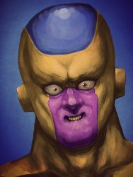 Rule 34 | 1boy, alien, armor, bloodshot eyes, colored skin, creepy, dragon ball, dragonball z, frieza, gold armor, golden frieza, gradient background, highres, lip biting, male focus, neck, no humans, purple skin, realistic, red eyes, solo