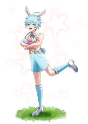 Rule 34 | 1boy, absurdres, ahoge, animal ears, basket, bishounen, blue eyes, blue hair, blue overalls, blue thighhighs, bow, bowtie, chongyun (genshin impact), commentary request, crossed arms, easter egg, egg, extra ears, genshin impact, hair between eyes, highres, holding, holding basket, looking to the side, male focus, nezu (nemuri nezu), on grass, open mouth, outdoors, overalls, pink shirt, rabbit ears, rabbit tail, shirt, short hair, simple background, smile, standing, standing on one leg, star (symbol), starry background, tail, thighhighs