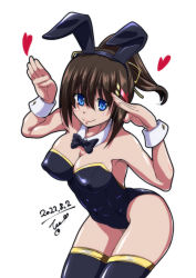 Rule 34 | 1girl, animal ears, black bow, black bowtie, black leotard, black thighhighs, blue eyes, blush, bow, bowtie, breasts, brown hair, cleavage, closed mouth, covered erect nipples, dated, fake animal ears, hair ornament, hairclip, highres, large breasts, leotard, looking at viewer, lyrical nanoha, mahou shoujo lyrical nanoha strikers, playboy bunny, ponytail, rabbit ears, rabbit pose, short hair, simple background, smile, solo, tappa (esperanza), thighhighs, white background, yagami hayate