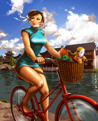 Rule 34 | 1girl, alternate costume, bicycle, bicycle basket, blanka, blue dress, blue sky, breasts, brown eyes, brown hair, bun cover, canal, capcom, character doll, china dress, chinese clothes, chun-li, day, double bun, dress, earrings, flats, hair bun, jewelry, legs, lips, lipstick, m. bison, makeup, nose, panties, pantyshot, red footwear, red panties, riding, shoes, short dress, short hair, sky, smile, solo, street fighter, street fighter ii (series), tixie lix, underwear, upskirt, vega (street fighter), water