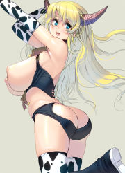 Rule 34 | 1girl, animal print, armpits, ass, ass cutout, bell, belly, blonde hair, blue eyes, blush, breasts, butt crack, clothing cutout, collar, cow, cow print, elbow gloves, gloves, highres, horns, huge breasts, kouno (masao), long hair, looking at viewer, neck bell, nipples, open mouth, original, print gloves, print thighhighs, simple background, skindentation, smile, solo, thighhighs, thighs