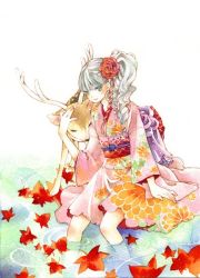 Rule 34 | 1girl, animal, autumn leaves, japanese clothes, kimono, leaf, painting (medium), reindeer, soaking feet, solo, traditional media, uko (artist), water, watercolor (medium), yufushi
