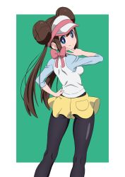Rule 34 | 1girl, ass, backboob, bad id, bad twitter id, black pantyhose, blue eyes, bow, breasts, brown hair, creatures (company), double bun, from behind, full body, game freak, gensei00, green background, hair bun, hand on own hip, highres, legs, looking back, nintendo, pantyhose, pink bow, pokemon, pokemon bw2, rosa (pokemon), shirt, shorts, simple background, smile, solo, standing, v, yellow shorts