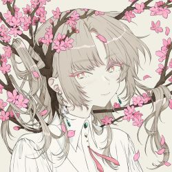 Rule 34 | absurdres, ambiguous gender, androgynous, blue menouu, branch, collared shirt, earrings, flower, gender request, grey hair, highres, jewelry, long hair, looking at viewer, original, petals, pink flower, portrait, shadow, shirt, simple background, solo, white background, white shirt