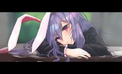 Rule 34 | 1girl, animal ears, asuzemu, blazer, blurry, blurry background, rabbit ears, hair between eyes, hair spread out, head rest, head tilt, jacket, letterboxed, light purple hair, light smile, long hair, long sleeves, looking at viewer, lying, purple hair, red eyes, reisen udongein inaba, shirt, smile, solo, table, touhou, very long hair