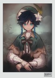 Rule 34 | 1boy, androgynous, artist name, beret, black hair, blue hair, bow, braid, brooch, closed mouth, collared cape, collared shirt, commentary request, corset, fine art parody, flower, frilled sleeves, frills, gem, genshin impact, gradient hair, green eyes, green hat, hair between eyes, hair flower, hair ornament, hat, highres, jewelry, leaf, long sleeves, looking at viewer, male focus, mona lisa, multicolored hair, parody, shirt, short hair with long locks, side braids, sidelocks, smile, solo, twin braids, twitter username, venti (genshin impact), white flower, white shirt, windmill, windporo