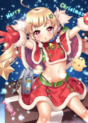 Rule 34 | 1girl, absurdres, ahoge, azur lane, bird, blonde hair, box, candy, capelet, chick, christmas, commentary request, derivative work, eldridge (azur lane), eldridge (holy night&#039;s embrace) (azur lane), facial mark, food, gift, gift box, highres, light brown hair, long hair, looking at viewer, machinery, navel, oooqqq, red eyes, sitting, torpedo tubes, twintails