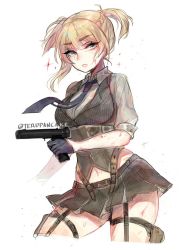 Rule 34 | 1girl, bad id, bad twitter id, black skirt, black vest, blonde hair, blue gloves, blue necktie, bolt action, braid, breasts, commentary, contrapposto, corset, cowboy shot, cropped legs, english commentary, french braid, girls&#039; frontline, gloves, green eyes, grey shirt, gun, half gloves, handgun, holding, holding gun, holding weapon, integral suppressor, integrally-suppressed firearm, large breasts, looking at viewer, manual firearm, miniskirt, navel, necktie, parted lips, pinstripe pattern, pinstripe vest, pistol, scar, shirt, short hair, simple background, skirt, solo, standing, striped, suppressor, terupancake, twintails, twitter username, vest, weapon, welrod, welrod mk ii, welrod mkii (girls&#039; frontline), white background