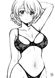 Rule 34 | 1girl, areola slip, blush, bra, braid, breasts, collarbone, darjeeling (girls und panzer), french braid, girls und panzer, greyscale, highres, kamogawa tanuki, lace, lace bra, lace panties, large breasts, lingerie, looking at viewer, monochrome, navel, open mouth, panties, solo, underwear
