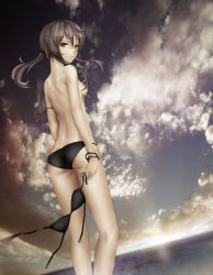 Rule 34 | 1girl, ass, back, bad id, bad pixiv id, bikini, black bikini, bracelet, breasts, brown eyes, brown hair, censored, cloud, convenient censoring, flat chest, hair censor, highres, jewelry, kneepits, kyoeiki, looking back, original, sky, small breasts, solo, swimsuit, topless, twintails