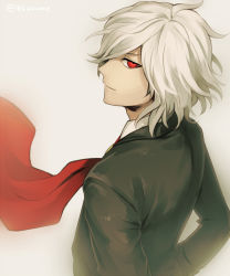 Rule 34 | 1boy, artist name, edmond dantes (fate), edmond dantes (first ascension) (fate), fate/grand order, fate (series), formal, from side, hair over eyes, looking at viewer, looking to the side, male focus, red eyes, simple background, smile, solo, somemiya suzume, suit, wavy hair, white hair