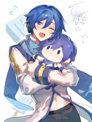 Rule 34 | 1boy, blue eyes, blue hair, blue scarf, blush, character doll, closed mouth, commentary, cowboy shot, dated, double-parted bangs, food, headset, highres, hugging doll, hugging object, kaito (vocaloid), kaito (vocaloid3), kazemi arashi, long sleeves, looking at viewer, male focus, midriff, navel, one eye closed, open mouth, popsicle, scarf, short hair, vocaloid